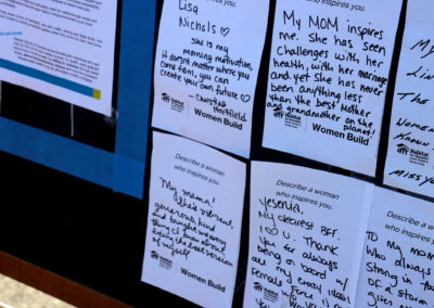 Close-up of handwritten papers answering the prompt "Describe a woman who inspires you"