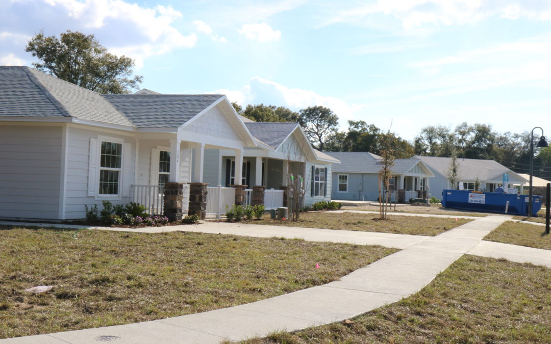 Row of newly completed homes in Arbor Bend on a sunny day during Blitz 2019
