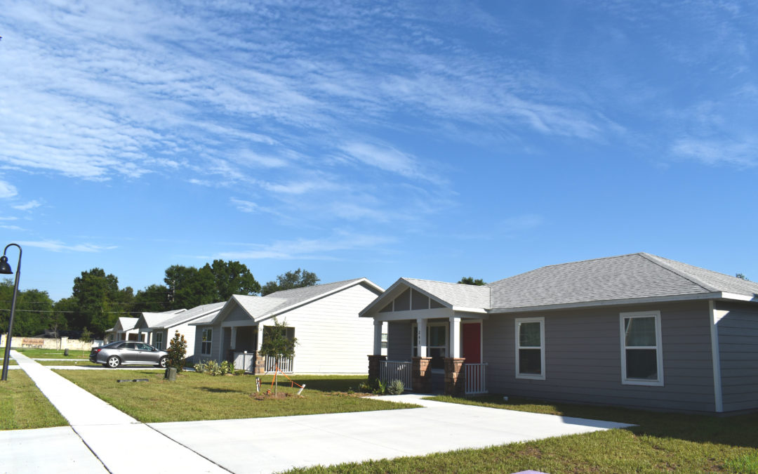 A few of a street and several houses in the Arbor Bend community.