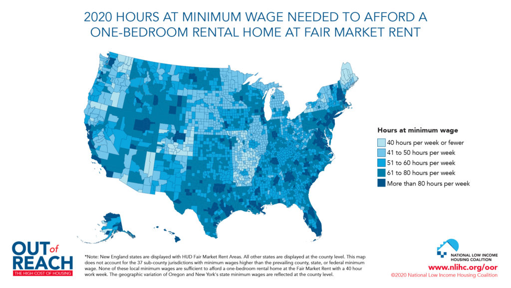 A map of the U.S. showing the number of hours at minimum wage a worker would need to work to afford a one-bedroom home in different areas of the U.S.