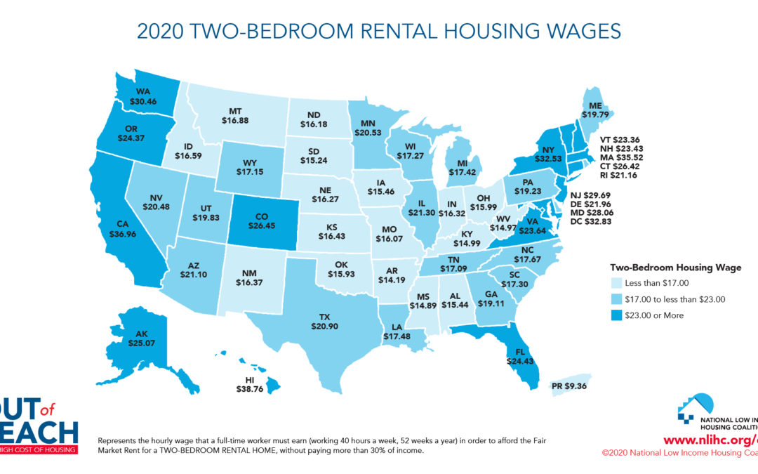 A map of the U.S. showing the hourly wage needed to afford a two-bedroom rental home in each U.S. state.