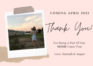 Hannah's announcement card to her friends says "coming April 2021 - Thank you!"